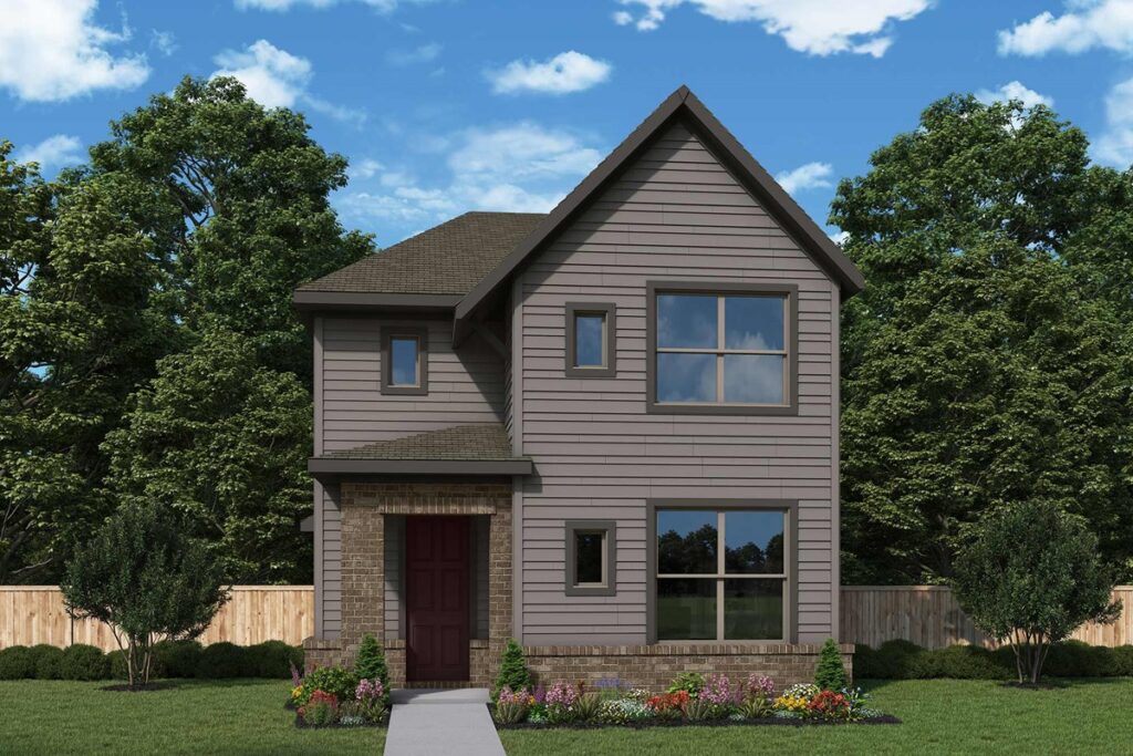 This two-story house, crafted by David Weekley Homes, features gray siding and a brown roof with brick accents. Nestled in the lush Painted Tree landscape, it boasts a charming walkway leading to a striking red front door.