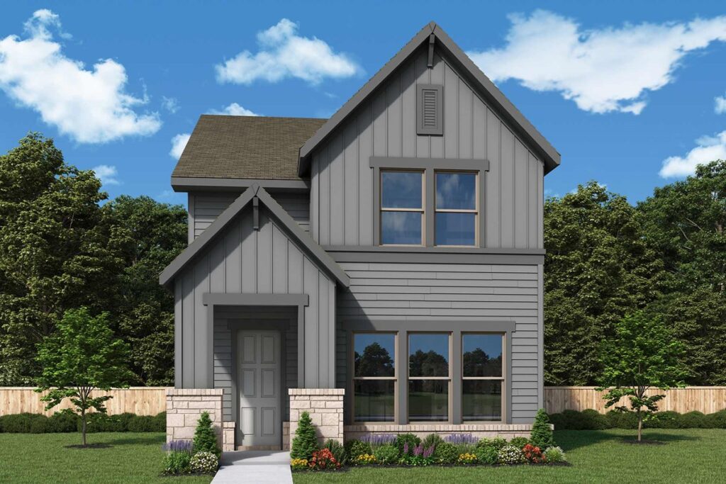 Front view of a modern gray house with two stories, a gabled roof, and an inviting porch, typical of the new homes for sale by David Weekley Homes. The house is surrounded by a wooden fence, neat lawn, and small shrubs under a blue sky.