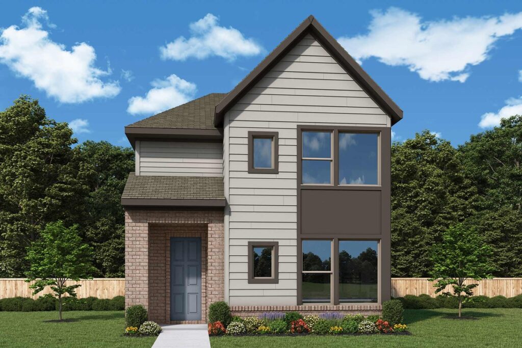 Discover this modern two-story house with gray siding and brick accents, nestled in the Painted Tree community. Boasting large windows and a welcoming front porch, it's set amid trees against a blue sky. Explore new homes for sale by David Weekley Homes today!.