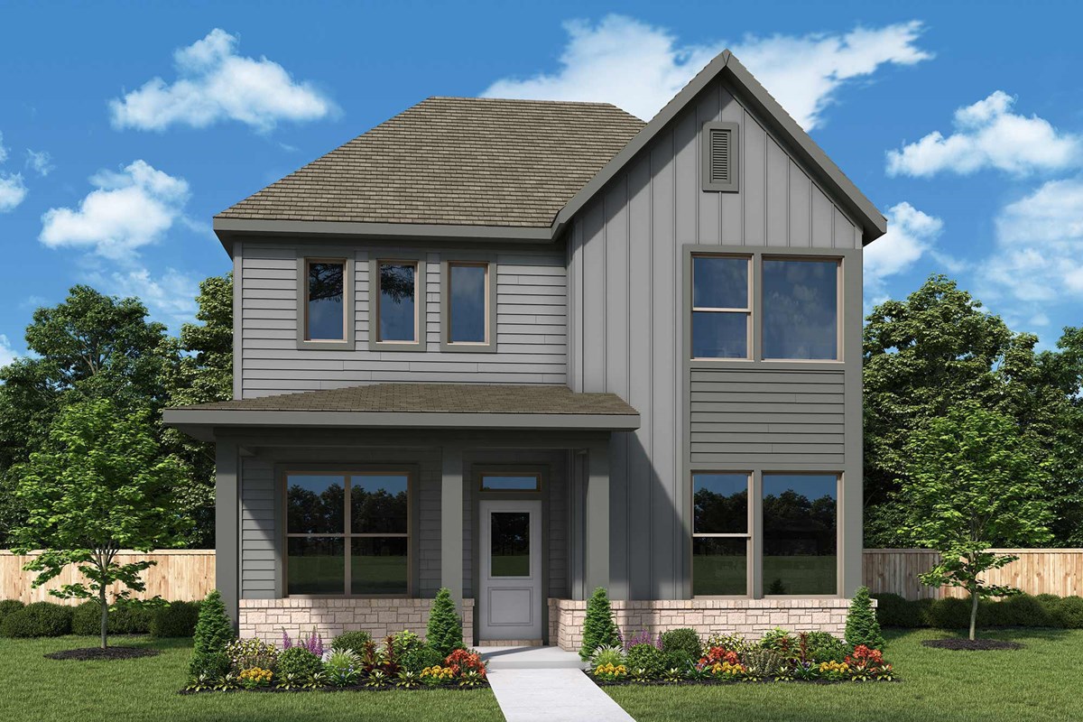 Nestled in McKinney's Painted Tree community, this modern two-story house boasts a sleek gray facade, large windows, and a charming small front yard. The surrounding trees and a sky dotted with a few clouds add to its serene TX charm.