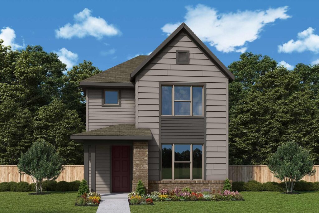 This charming two-story house with gray siding and a maroon door sits under the Texas sky, nestled among Painted Tree developments. Large windows overlook a well-maintained lawn, vibrant flower beds, and trees, offering a perfect blend of nature and comfort in TX's new homes for sale.