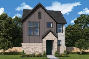 A modern two-story house in McKinney, TX features a blend of dark and light siding, a vibrant green door, and a stone facade. It is surrounded by lush grass, small shrubs, and trees beneath a blue sky dotted with clouds.