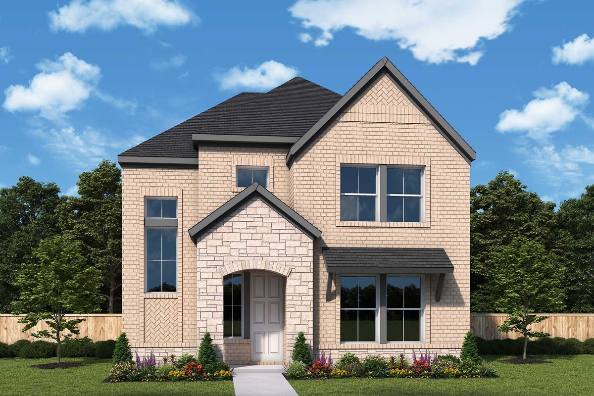 A charming two-story brick house in McKinney, TX, features a dark roof and large windows overlooking a small front garden. The sky is clear with some clouds, adding to the serene atmosphere.