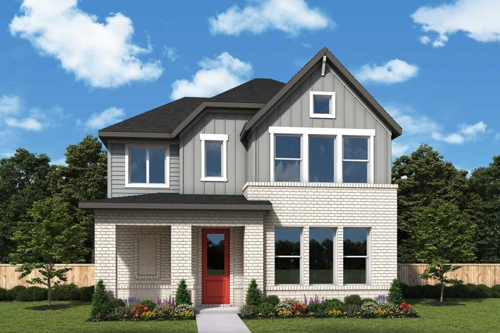 Nestled in the Painted Tree community, this TX two-story house boasts a charming mix of gray siding and white brick, large windows, and a striking red front door. The beautifully landscaped yard is set under a serene blue sky.