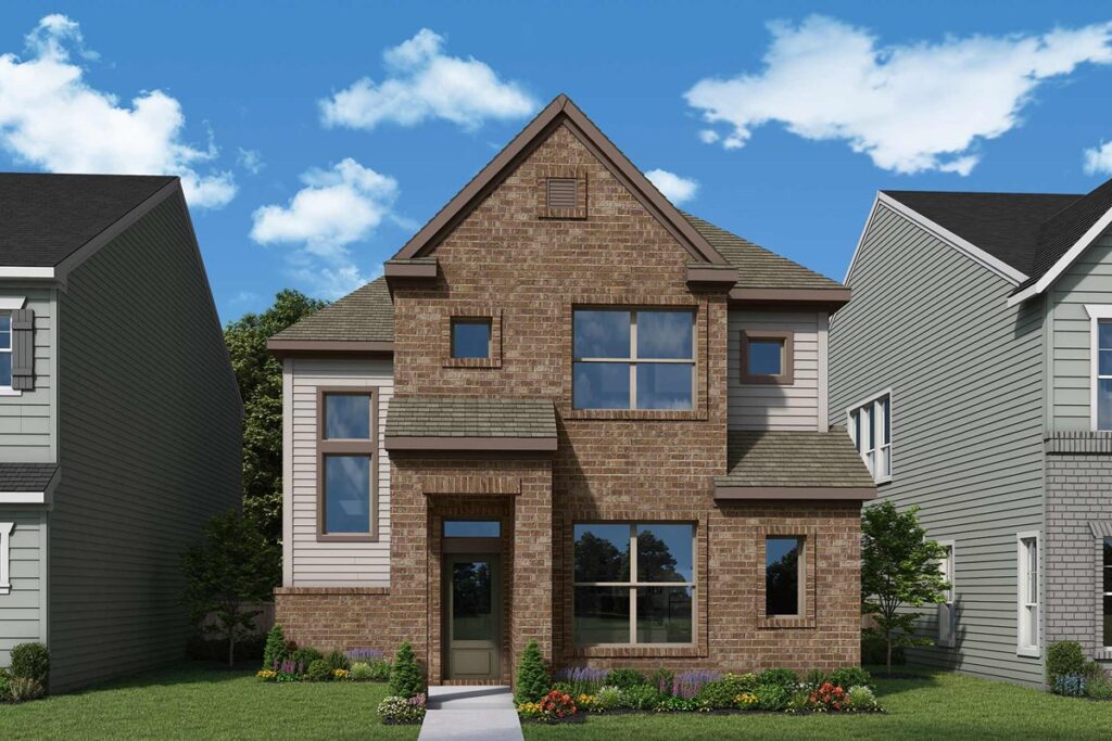 Nestled in the charming area of McKinney, TX, this two-story brick house boasts large windows and a triangular roof. Flanked by similar homes, it features a small front yard with shrubs and a concrete pathway inviting you inside.