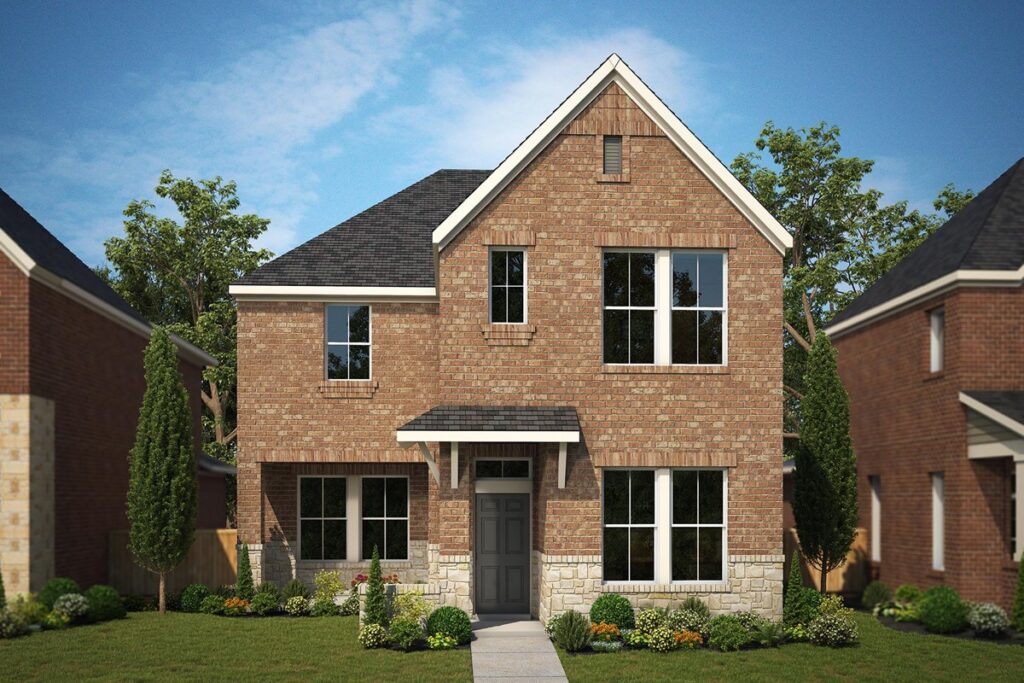 A two-story brick house in McKinney's Painted Tree community, featuring a gabled roof, large windows, and a gray front door. It's surrounded by a small lawn, flower beds, and trees beneath the clear blue sky of TX.