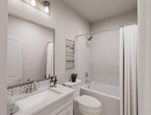 Modern bathroom in Painted Tree McKinney with a white sink, countertop, cabinetry, toilet, bathtub with shower and curtain, framed art, and toiletries on the counter—discover stylish living in homes for sale in McKinney Texas.