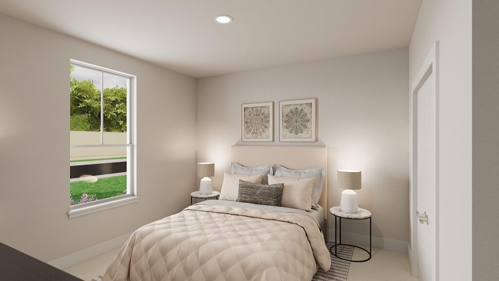 A small, modern bedroom with a neatly made bed, two side tables with lamps, two framed artworks above the bed, and a window showing a green outdoor area—perfect for those seeking homes for sale in McKinney, Texas.