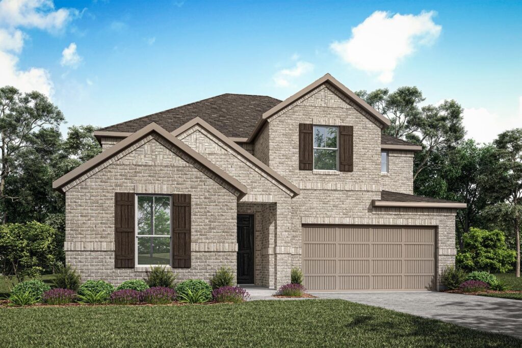 Two-story modern brick house with dark brown shutters, a double garage, front lawn, and landscaped garden—an ideal find among homes for sale in McKinney Texas, set against trees and a blue sky with scattered clouds.