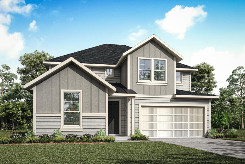 Two-story modern suburban house with gray vertical siding, black roof, large windows, and landscaped yard—discover stunning homes for sale in McKinney, Texas like this one in the sought-after Painted Tree McKinney community.