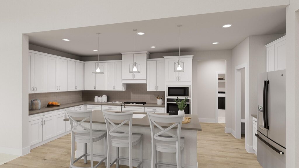Modern kitchen with white cabinets, gray countertops, stainless steel appliances, three pendant lights, and a center island with barstool seating—perfect for entertaining in sought-after Painted Tree McKinney homes for sale.