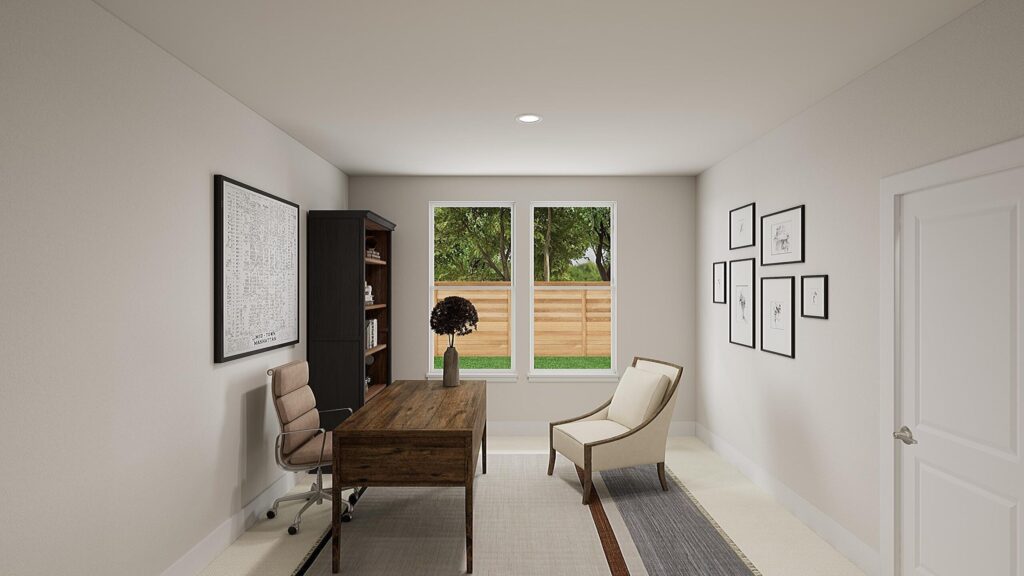 Minimalist home office with a wooden desk, office chair, lounge chair, bookshelf, framed art on walls, and two large windows overlooking a fenced yard with trees—perfect inspiration for those seeking homes for sale in McKinney, Texas.