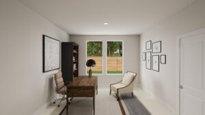 Minimalist home office with a wooden desk, office chair, lounge chair, bookshelf, framed art on walls, and two large windows overlooking a fenced yard with trees—perfect inspiration for those seeking homes for sale in McKinney, Texas.