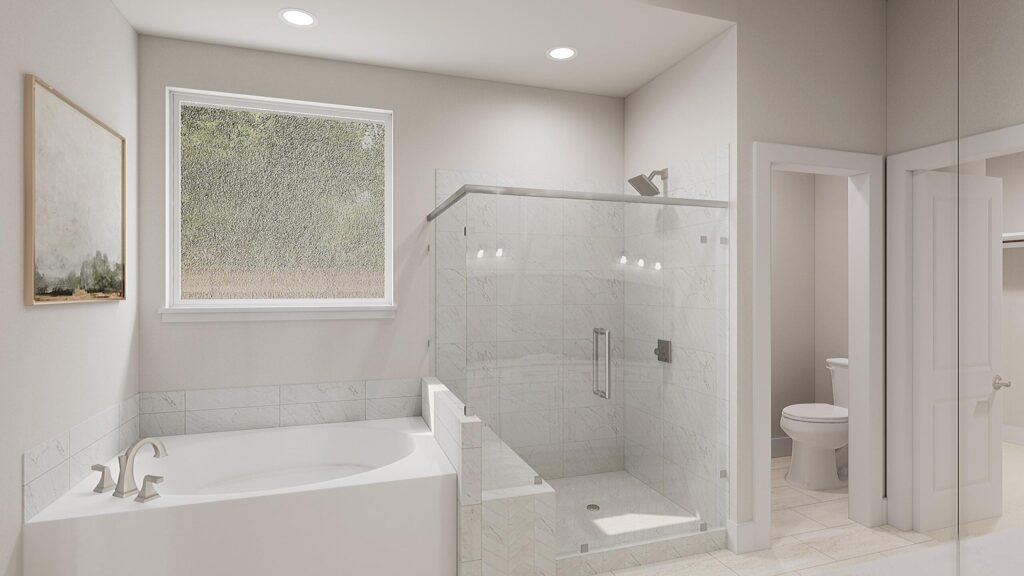 Modern bathroom with a bathtub, glass-enclosed shower, single window, artwork on the wall, and a separate toilet area—perfect for those seeking homes for sale in McKinney, Texas.