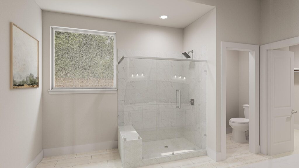 Modern bathroom in a Painted Tree McKinney home features a glass-enclosed shower, bench, white tile walls, and a window with a view into the toilet area through an open door. Explore more Painted Tree homes for sale in McKinney, Texas.