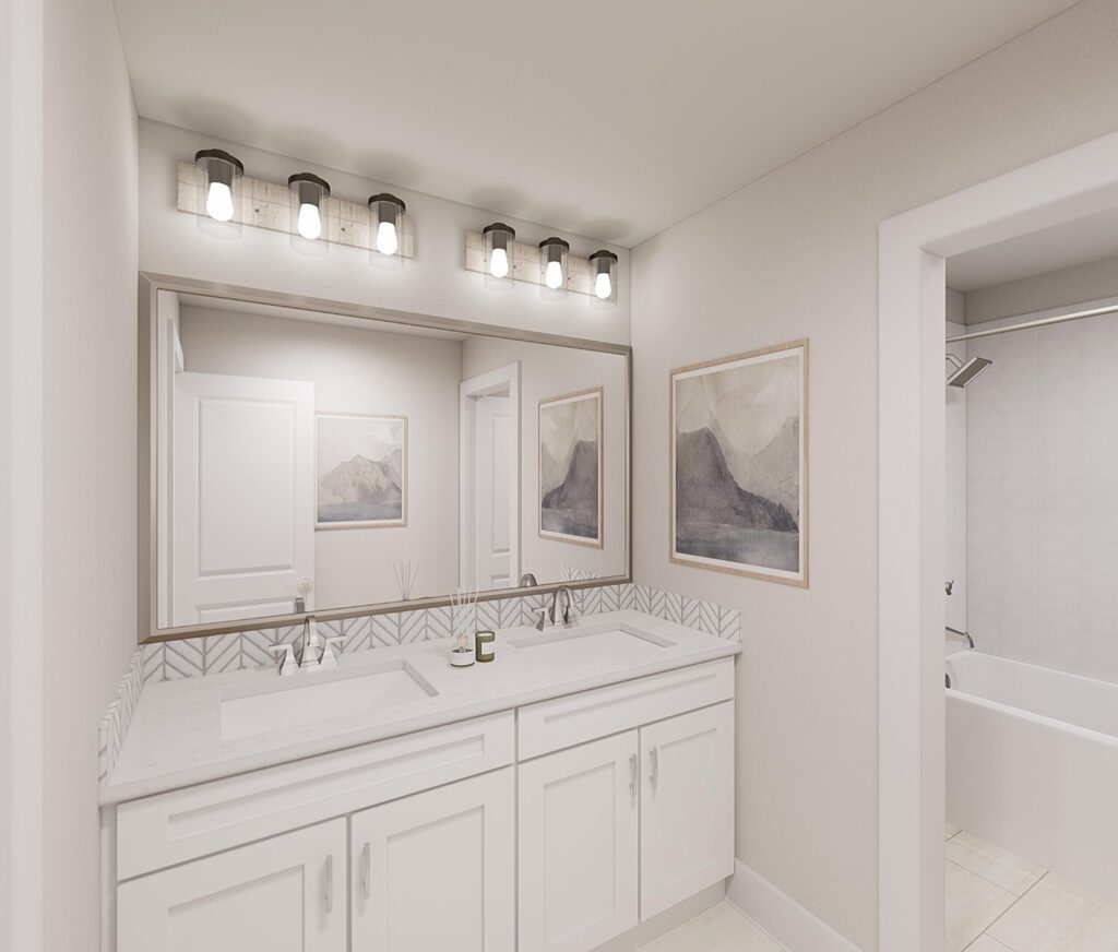 A modern bathroom in Painted Tree McKinney features a large mirror, double sink vanity, wall-mounted lights, minimalist decor, and framed abstract art; a bathtub is visible through an open doorway—perfect for those seeking homes for sale in McKinney, Texas.