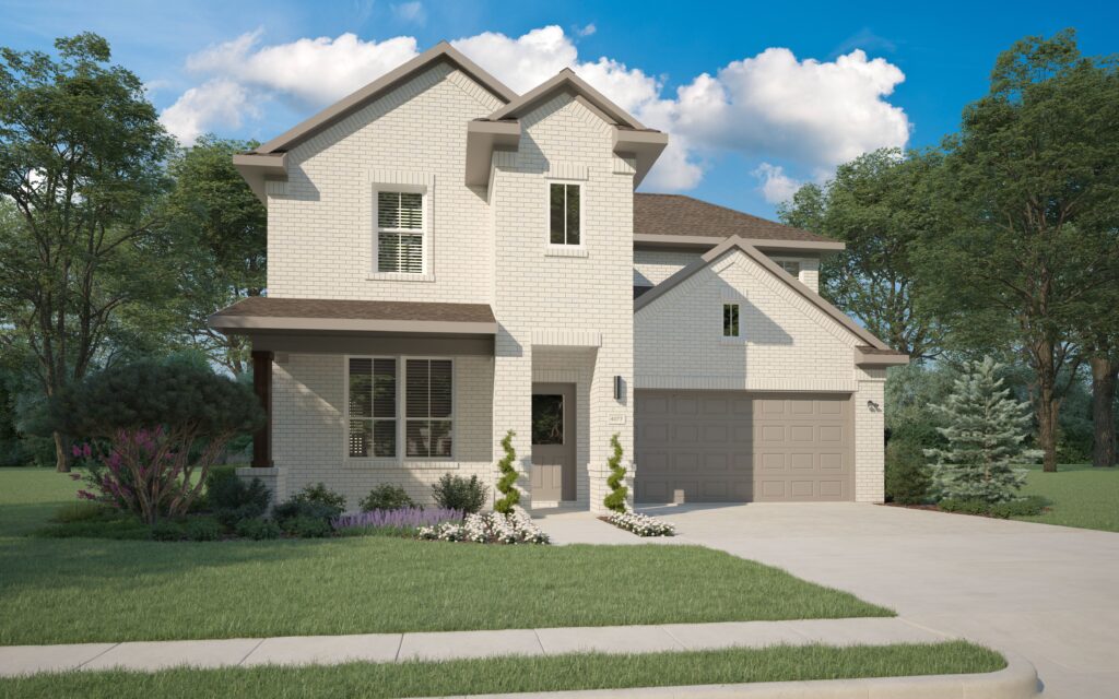 Two-story modern house with light brick exterior, attached two-car garage, manicured lawn, and landscaping—one of the stunning painted tree homes for sale set against a backdrop of trees and blue sky.
