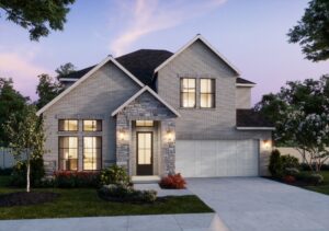 Two-story house in McKinney, TX featuring a modern brick and stone exterior, large windows, attached two-car garage, and a beautifully landscaped front yard at dusk.
