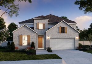 Two-story house in the Painted Tree community, TX, with brick exterior, wooden shutters, and double garage, surrounded by a driveway, lawn, and landscaping—beautifully captured at sunset.
