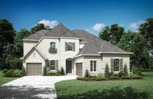 Two-story white brick house with gray roof, two garages, arched windows, and a landscaped front yard under a blue sky in the desirable Painted Tree McKinney community.