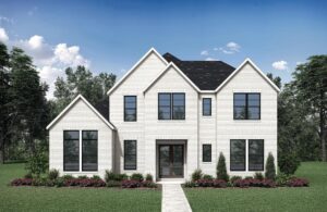 A two-story modern white brick house with large black-framed windows, landscaped front yard, and a concrete walkway leading to the entrance—one of the stunning Painted Tree McKinney homes for sale.