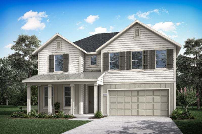 Two-story suburban house with light-colored siding, dark shutters, attached two-car garage, covered front porch, and a neatly landscaped yard under a clear blue sky—perfect for those seeking homes for sale in McKinney, Texas.