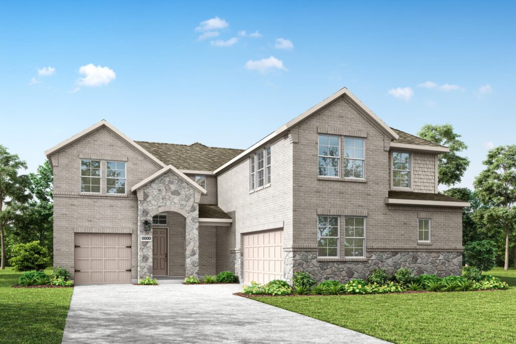 Two-story suburban house with light-colored brick and stone exterior, three-car garage, multiple windows, and landscaped front yard under a clear blue sky—ideal for those seeking homes for sale in McKinney Texas.