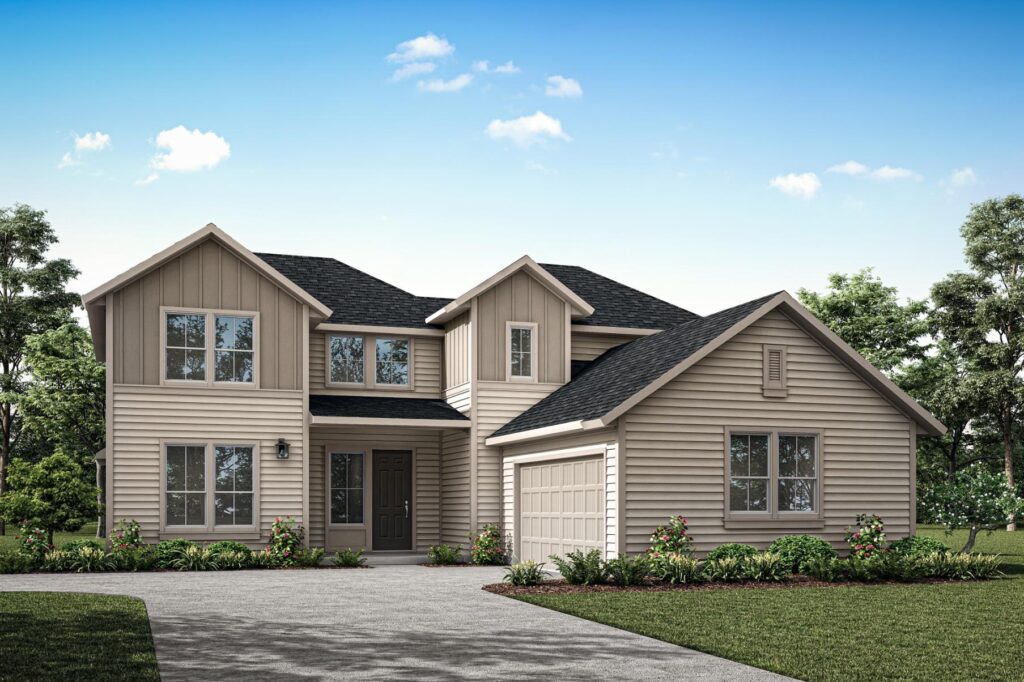 A two-story beige house with multiple gables, large windows, a dark roof, an attached two-car garage, and landscaped front yard awaits in Painted Tree McKinney—perfect for those seeking homes for sale in McKinney Texas under a clear blue sky.