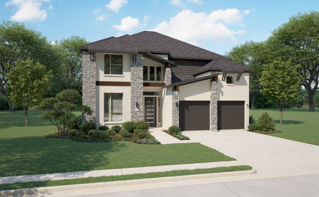 Two-story modern house with mixed stone and brick exterior, double garage, manicured lawn, and trees in the background under a clear sky—perfect for those seeking Painted Tree homes for sale in McKinney, Texas.