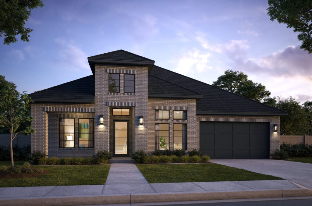 Single-story modern brick house in Painted Tree McKinney with a dark roof, large windows, double front doors, illuminated porch lights, and a two-car garage at dusk—explore painted tree homes for sale today.
