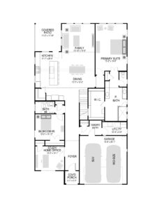Black and white floor plan of a single-story house in Painted Tree TX, showing five bedrooms, three bathrooms, kitchen, dining, family room, garage, utility room, and covered patio—ideal for those seeking homes for sale in McKinney Texas.