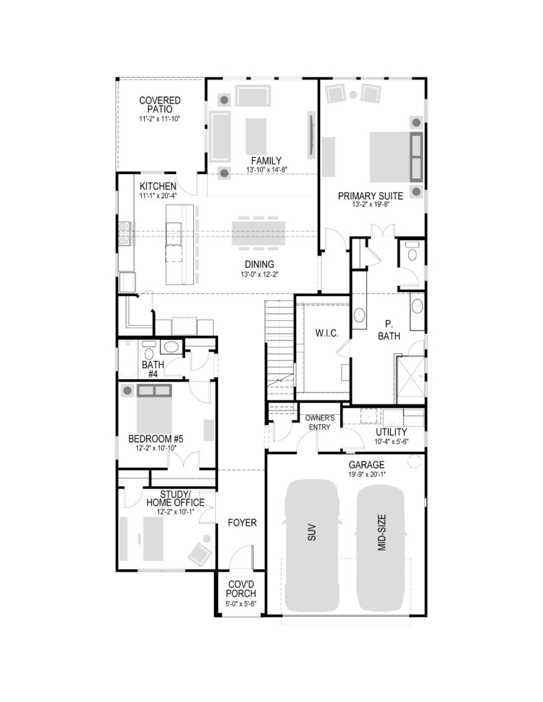 Black and white floor plan of a single-story house in Painted Tree TX, showing five bedrooms, three bathrooms, kitchen, dining, family room, garage, utility room, and covered patio—ideal for those seeking homes for sale in McKinney Texas.