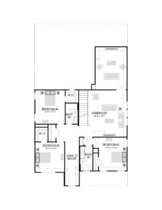 Black and white floor plan of a house's upper level in Painted Tree McKinney, featuring three bedrooms, two bathrooms, a game room, and walk-in closets. Perfect for exploring homes for sale in McKinney Texas.