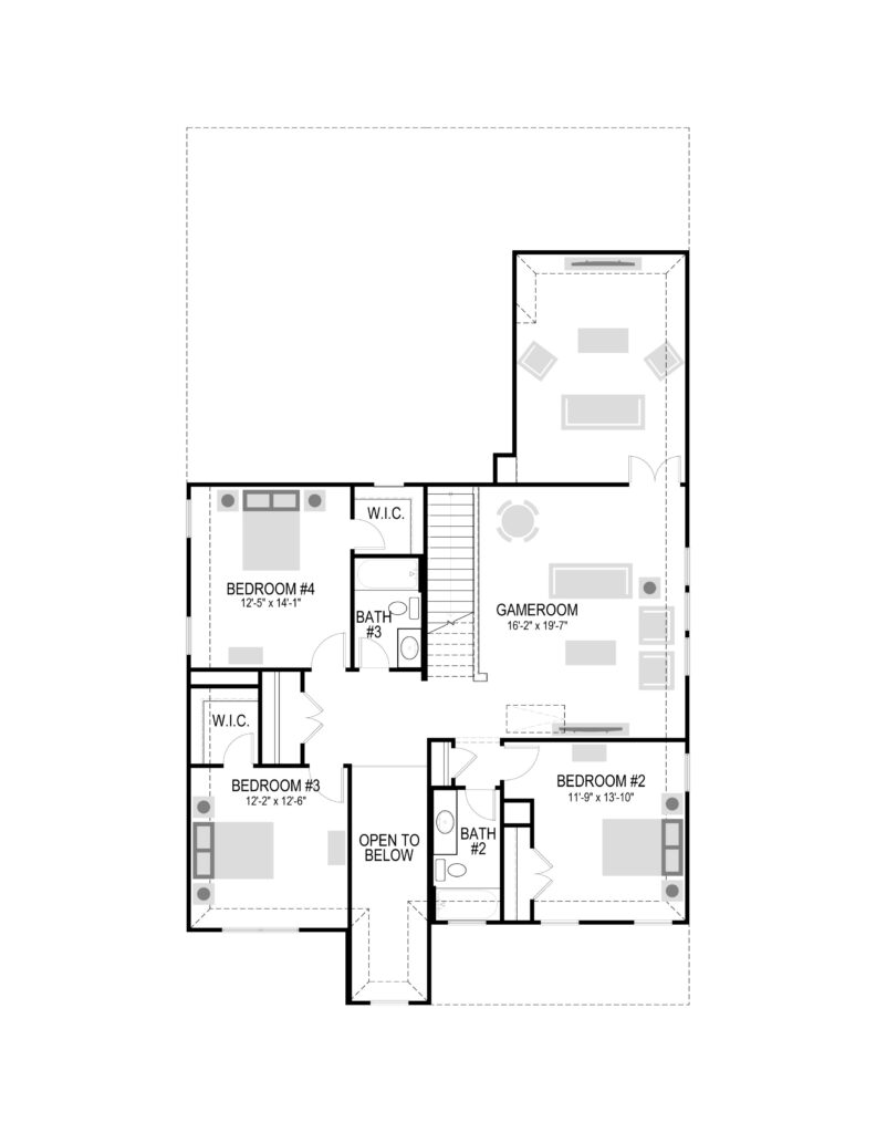 Black and white floor plan of a house's upper level in Painted Tree McKinney, featuring three bedrooms, two bathrooms, a game room, and walk-in closets. Perfect for exploring homes for sale in McKinney Texas.