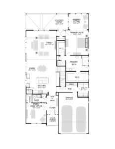 Black and white floor plan of a Painted Tree McKinney home featuring a two-car garage, kitchen, family room, dining area, study, primary suite with two walk-in closets, mudroom, and covered patio—ideal for those seeking homes for sale in McKinney Texas.