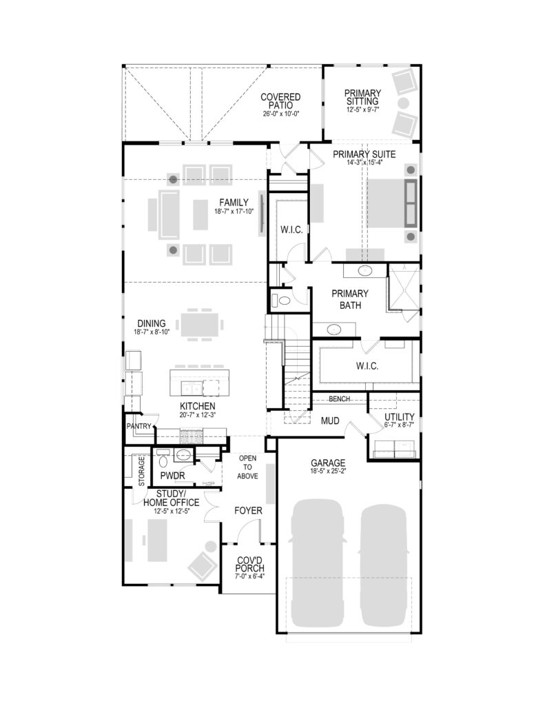 Black and white floor plan of a Painted Tree McKinney home featuring a two-car garage, kitchen, family room, dining area, study, primary suite with two walk-in closets, mudroom, and covered patio—ideal for those seeking homes for sale in McKinney Texas.