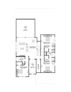 Second floor house plan in the Painted Tree TX community with a gameroom, three bedrooms, two bathrooms, walk-in closets, storage area, and open-to-below spaces—perfect for those seeking homes for sale in McKinney Texas.