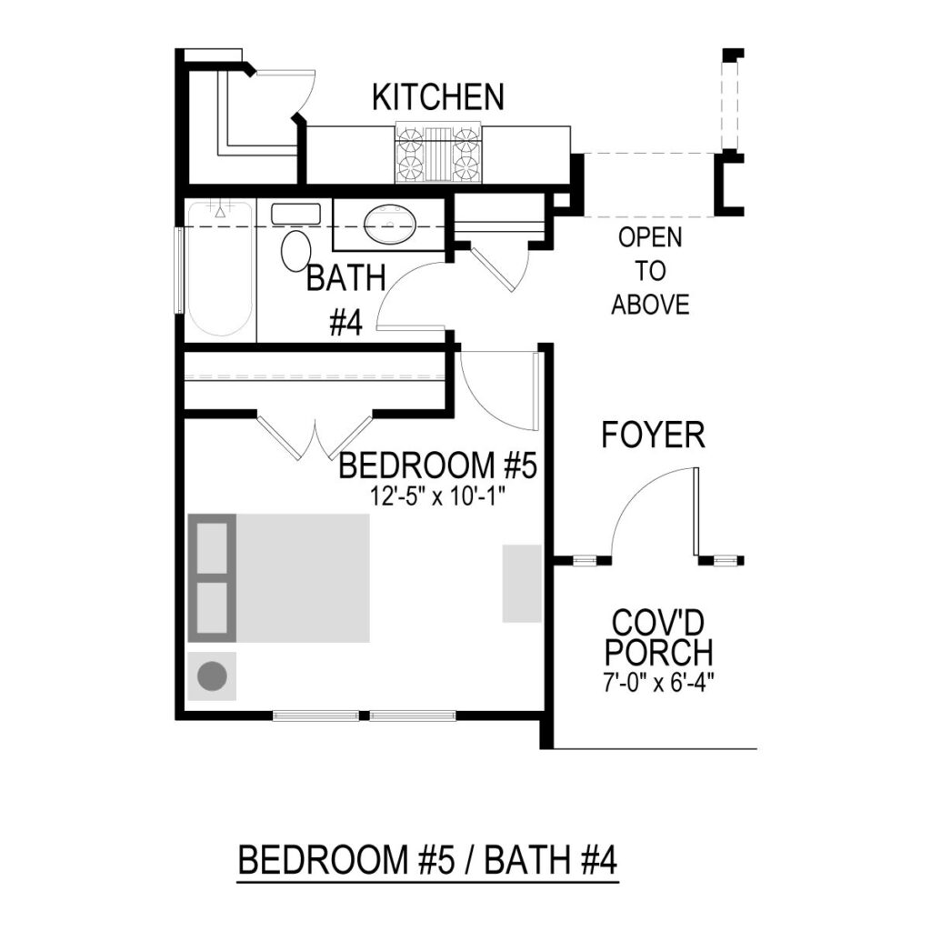 Floor plan of a Painted Tree McKinney home, showing a foyer, covered porch, bedroom #5, bathroom #4, and kitchen—all labeled with dimensions. Explore homes for sale in McKinney Texas with thoughtfully designed layouts like this.