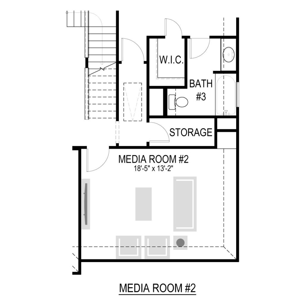Floor plan in Painted Tree McKinney features a media room with seating, storage, bathroom, and walk-in closet. Stairs are next to the entrance. Room measures 18’-5” x 13’-2”—perfect for those seeking homes for sale in McKinney Texas.