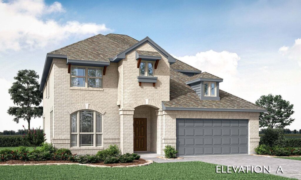 Two-story suburban house with light brick exterior, gray shingle roof, double garage, and landscaped front yard in Painted Tree TX. The words "Elevation A" appear in the bottom right corner. Explore homes for sale in McKinney Texas today.