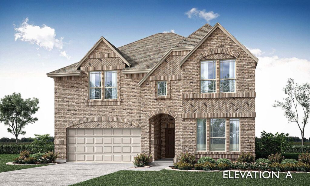 Two-story brick house with a double garage, arched entryway, large windows, and landscaped front yard in Painted Tree TX—explore homes for sale in McKinney Texas like this stunning "Elevation A" today.