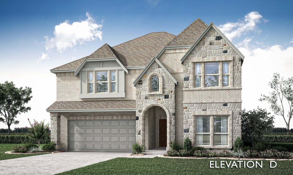 Two-story suburban house with a stone and brick exterior, arched entryway, attached two-car garage, and landscaped front yard under a blue sky—one of the stunning homes for sale in McKinney, Texas near Painted Tree.