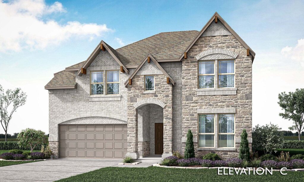Two-story stone and brick house with a two-car garage, gabled roof, multiple windows, manicured lawn, and “Elevation C”—a stunning example of homes for sale in McKinney Texas, located in the sought-after Painted Tree McKinney community.