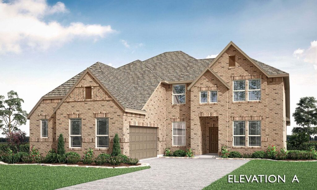 Two-story brick house with gabled roof, attached two-car garage, multiple windows, and landscaped front yard under a partly cloudy sky. Located in Painted Tree McKinney, this "Elevation A" home blends style and charm.