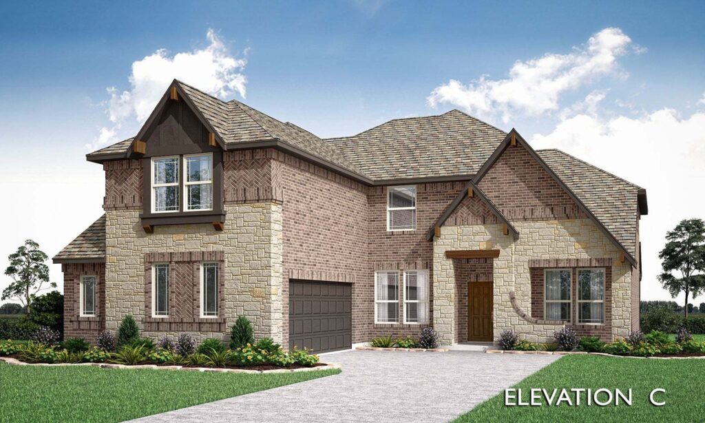 Two-story suburban house with mixed brick and stone exterior, gabled roof, attached two-car garage, and small front yard. Explore homes for sale in McKinney, Texas like this stunning Painted Tree home. "Elevation C" appears in the bottom right corner.