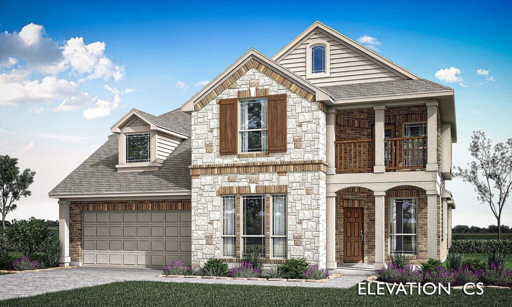 Two-story suburban house with stone and brick exterior, wooden shutters, covered balcony, and attached two-car garage in Painted Tree TX—one of the finest homes for sale in McKinney Texas. Landscaped front yard under a blue sky.