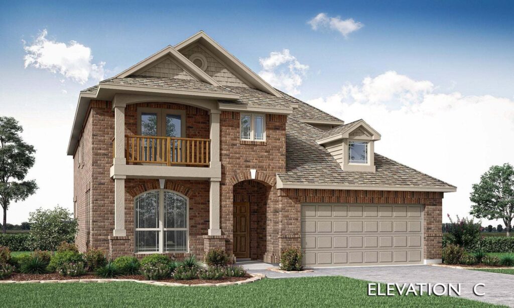 Two-story brick house with a double garage, arched front window, small balcony above the entryway, and manicured front yard in Painted Tree McKinney, labeled "ELEVATION C.