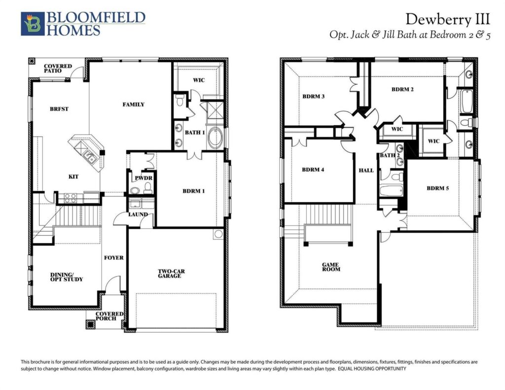 A two-story Dewberry III floor plan in Painted Tree McKinney shows rooms, bathrooms, a two-car garage, covered patio, and an optional Jack & Jill bath—perfect for those seeking homes for sale in McKinney Texas.