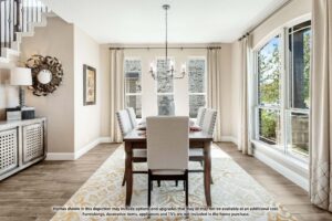 Bright dining room with a rectangular table, six upholstered chairs, large windows, beige curtains, modern chandelier, sideboard, and wall mirror—perfect for enjoying life in Painted Tree McKinney and exploring homes for sale in McKinney Texas.