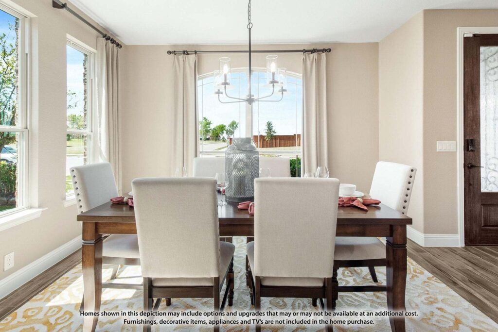 Bright dining room with a wooden table, six upholstered chairs, a large decorative vase centerpiece, and windows with beige curtains letting in natural light—perfect for enjoying homes for sale in McKinney, Texas.